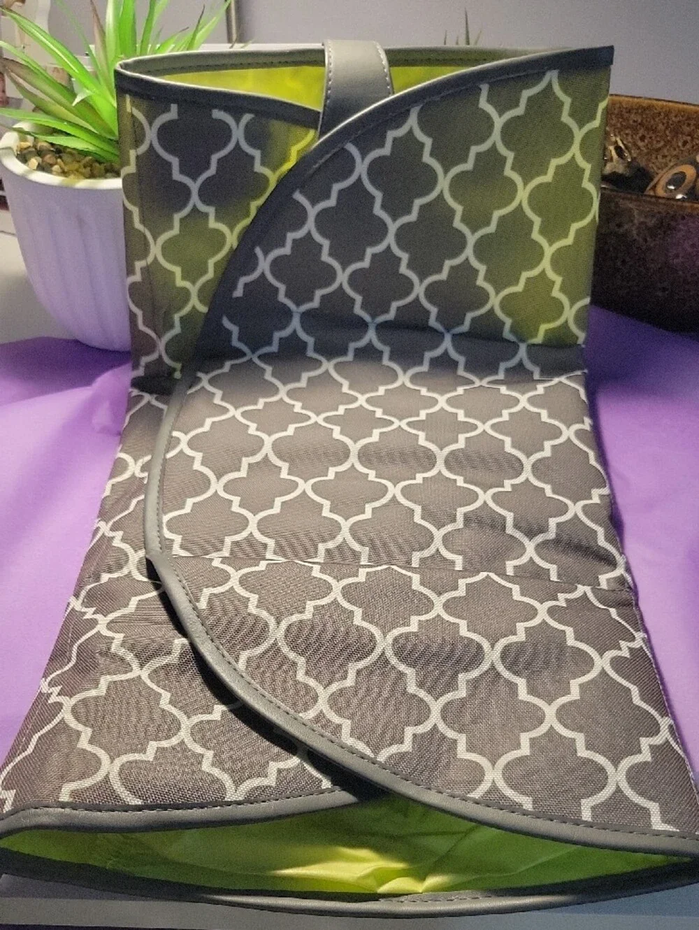 Gray Geometric Pattern Baby Changing Pad Bag Clutch with Wrist Strap